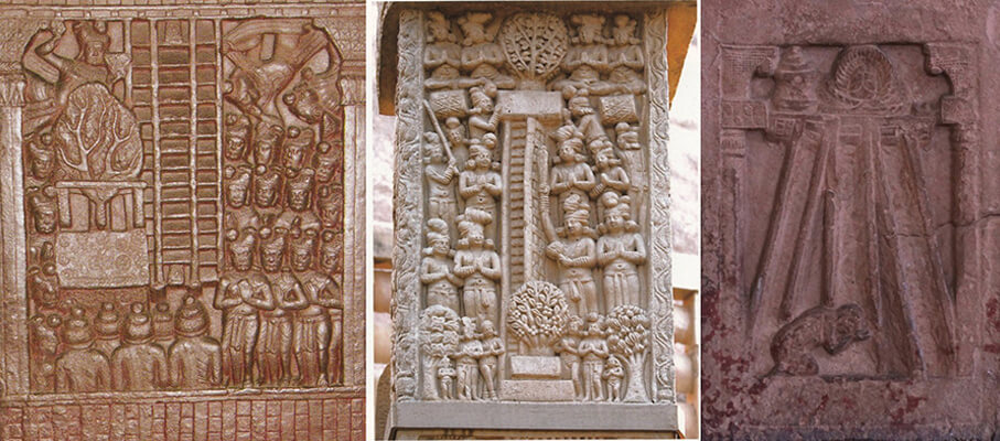 图九：三道宝阶降下图对比：巴尔胡特（左）、桑奇大塔（中）、右－秣菟罗（右）