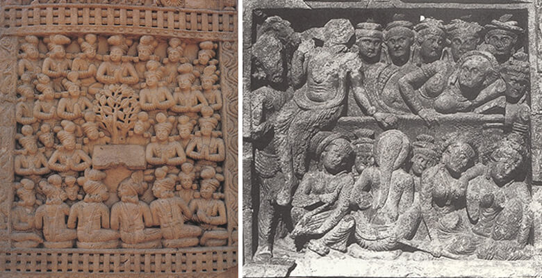 图十一：桑奇大塔礼拜菩提树图（左）；布特卡拉太子决意出家图+（右）