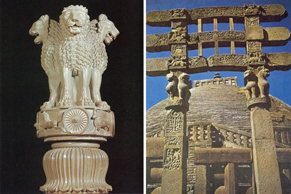 图一：阿育王狮子柱头+(左)、图三：桑奇大塔门栏雕刻+(右)