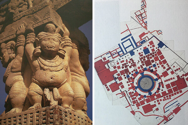 图四：桑奇大塔力士雕刻（左）、图五：布特卡拉遗址分期图，灰色代表第一、二期，蓝色为第三期，红色代表第四、五期（右）