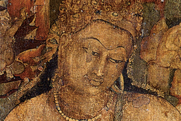 图四：壁画《持莲花菩萨》局部，阿旃陀石窟第1窟左壁，约580年。