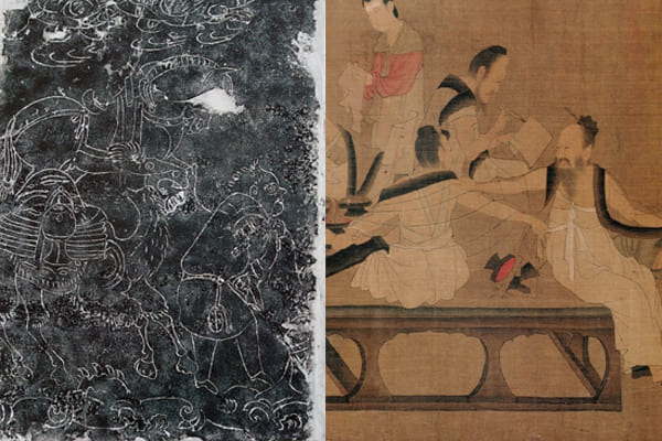 图三：（左）《商旅图》画像石，北齐；（右）杨子华《校书图》（局部），北齐。