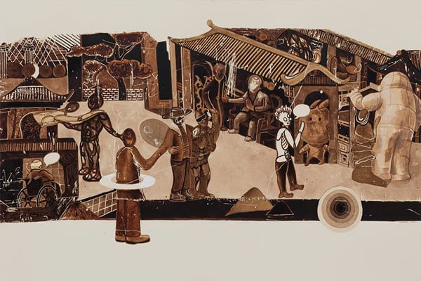 图四：颜开作品，《一场于驿站的狂聚》，纸本普洱茶、黑茶、红茶，121cm×85cm，2021