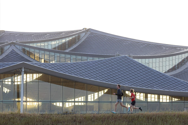 伞式屋顶是园区建筑最显著的设计特色，具绿能发电与降低热负载的功能性。