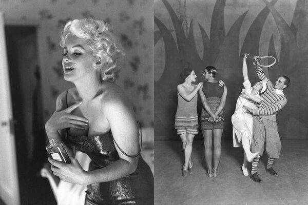 玛丽莲．梦露在1955年与经典的香奈儿五号香水一起留下影像（左图）。香奈儿女士在1924年曾为俄罗斯芭蕾舞团的《蓝色列车》舞剧设计戏服（右图）。