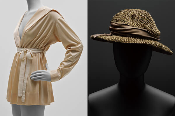 香奈儿在1916年设计的丝质罩衫作品（左图）。香奈儿在1917年设计的帽饰作品（右图）。