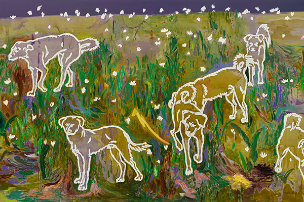 图三：《逍遥（七只狗）》，布面丙烯、油彩，2023